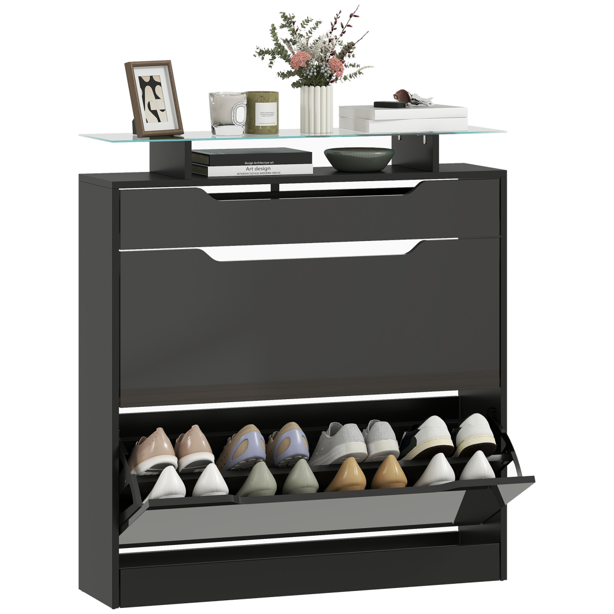 HOMCOM Shoe Cabinet with 3 Drawers, High Gloss Front Panels, Glass Top Black