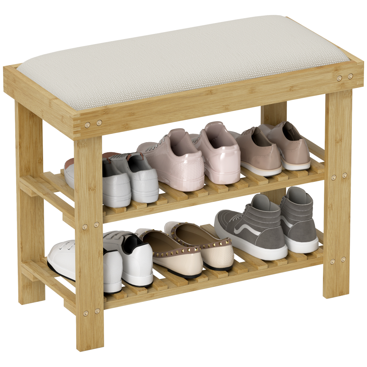 HOMCOM 3-Tier Shoe Storage Bench, Bamboo Shoe Rack for Entryway, Cream