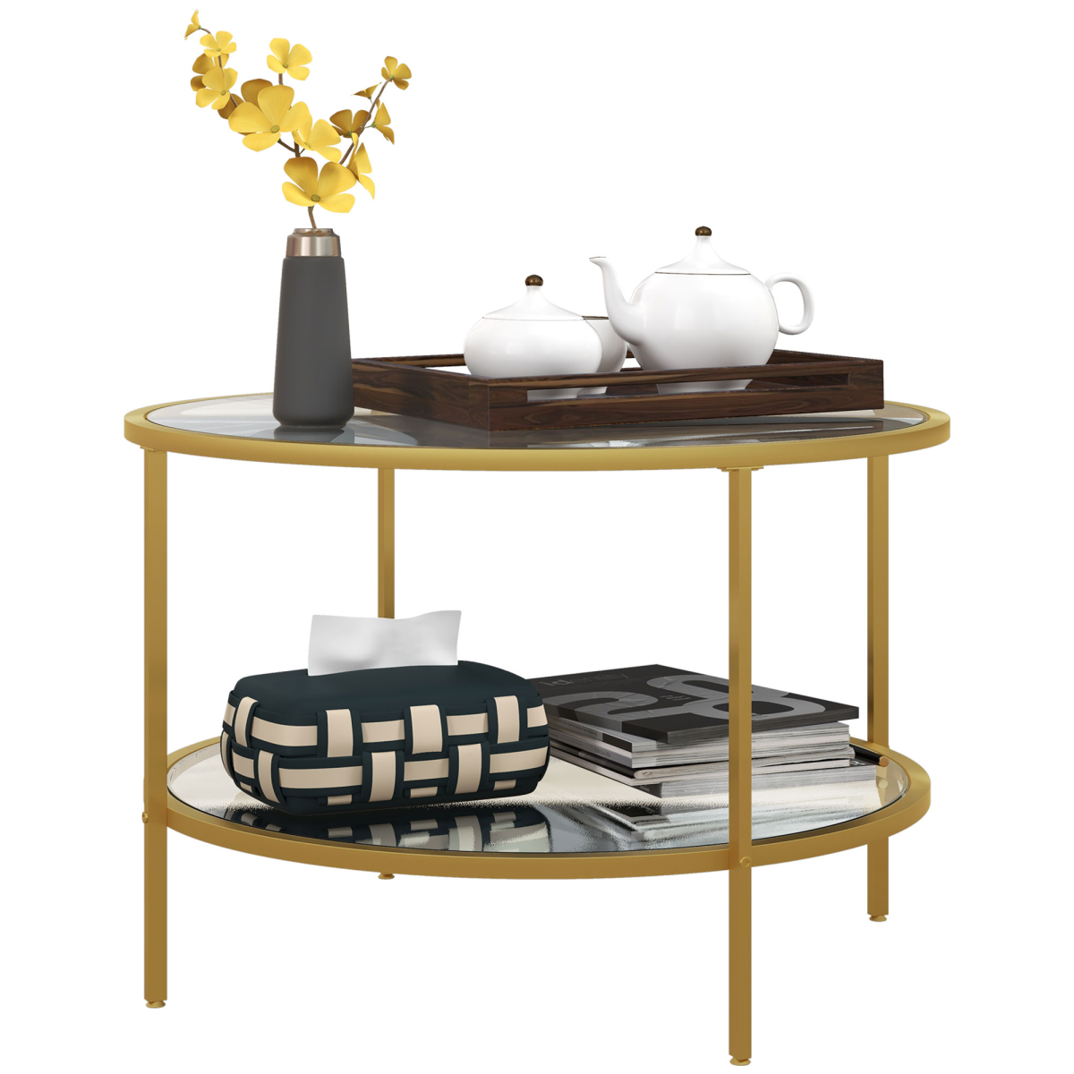 HOMCOM Round Coffee Table with Storage Shelf and Tempered Glass Top, Gold