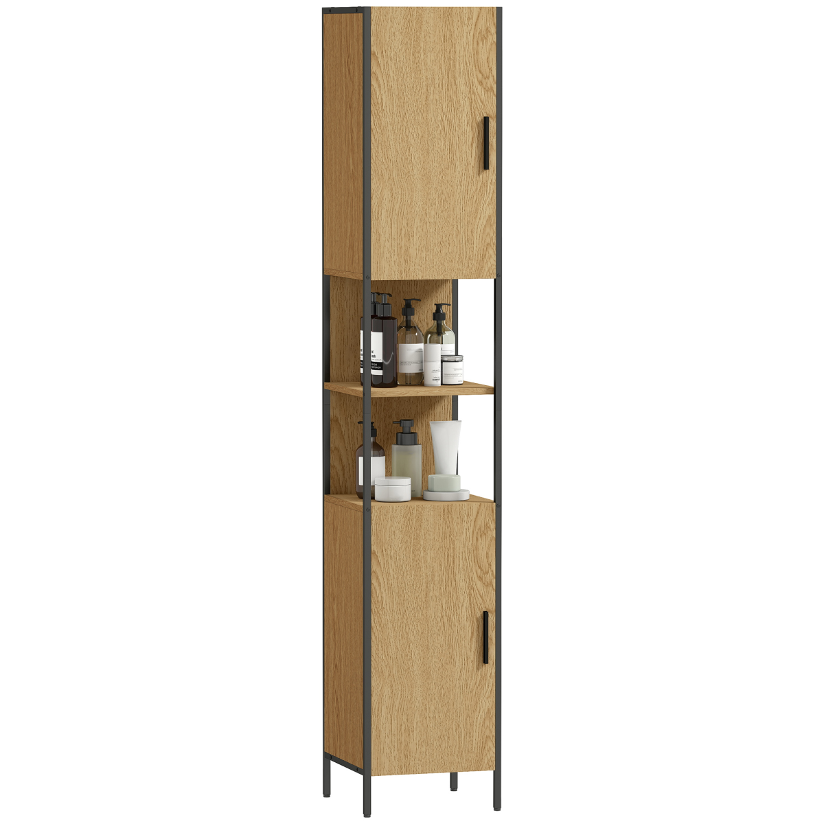 HOMCOM Slim Bathroom Storage Cabinet with 2 Doors Open Compartments Natural