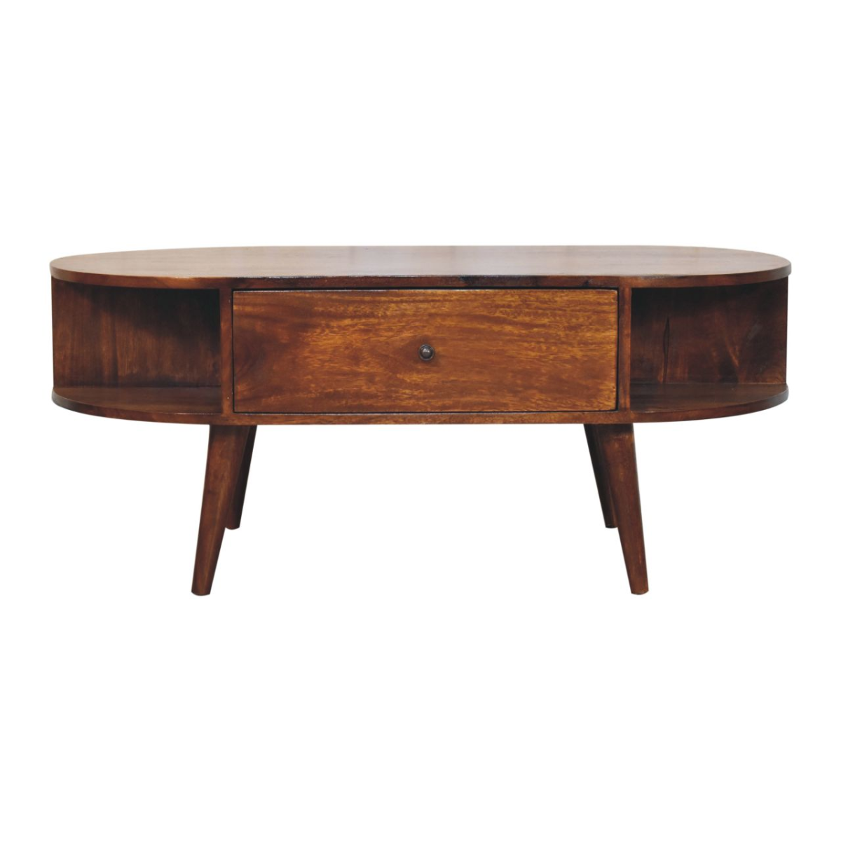 Artisan Furniture Solid Wood Chestnut Oval Coffee Table, 1 Drawer and 2 Open Slots, Dark Brown