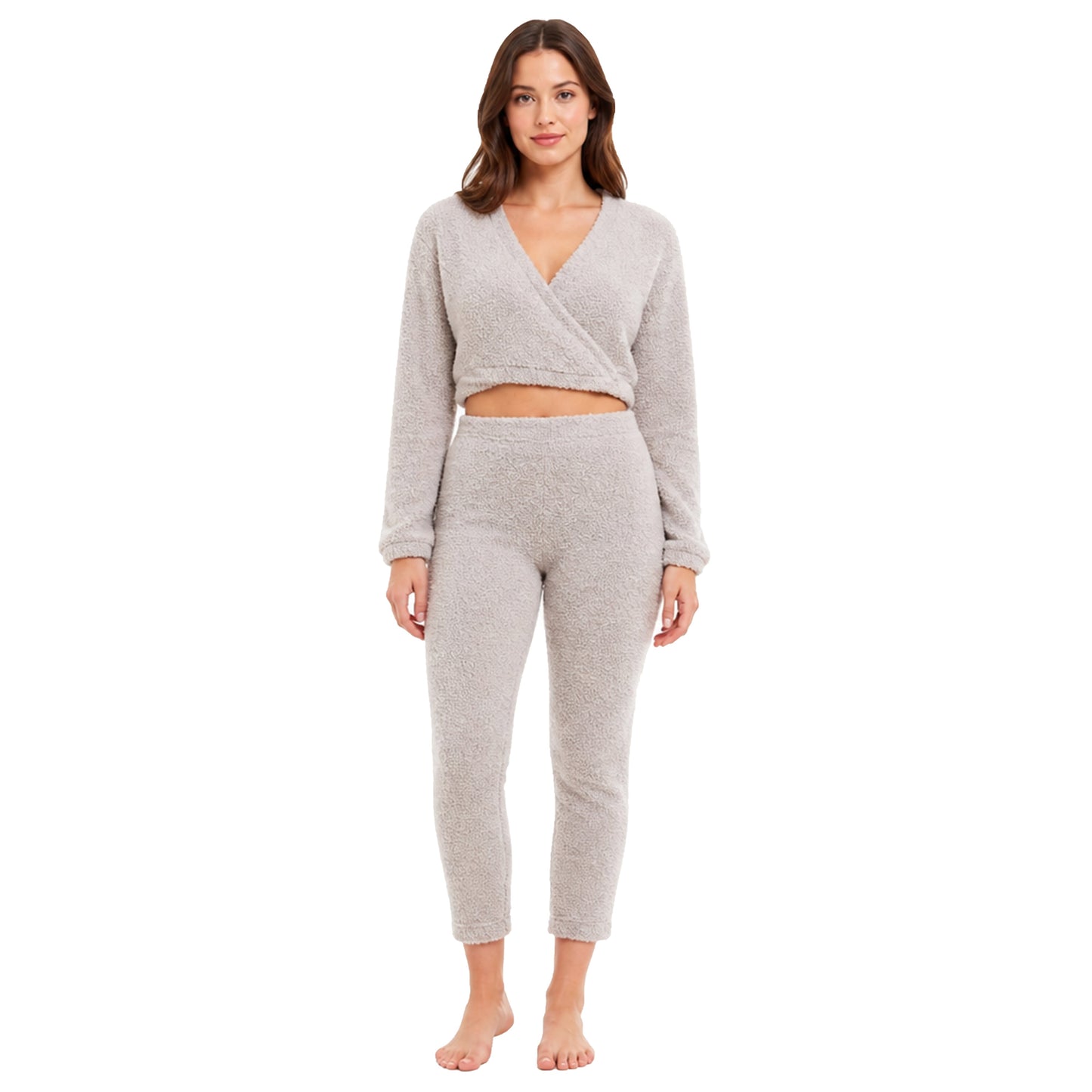 Daisy Dreamer Women's Teddy Fleece Loungewear Set With Long Sleeve Wrap Top And Stretch