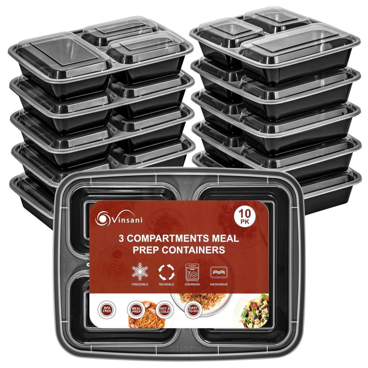 VINSANI 10pk 3 COMPARTMENTS MEAL PREP CONTAINERS 1010425