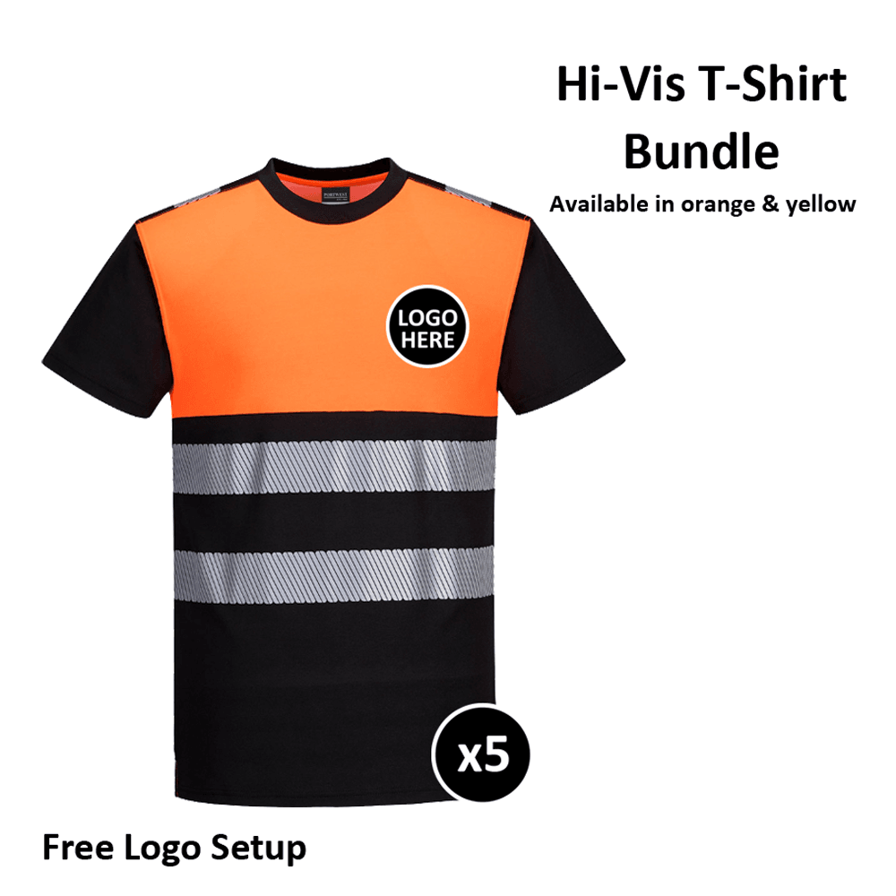 PORTWEST PW311 PW3 HI-VIS COTTON COMFORT CLASS 1 T-SHIRTS BUNDLE Inc Logo - 5 ITEMS