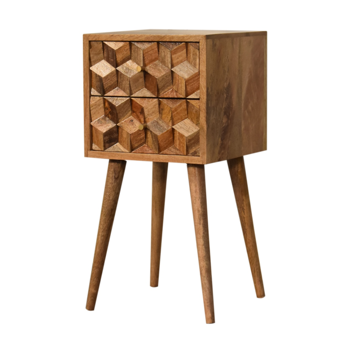 Artisan Furniture Solid Wood Mini Cube Carved 2 Drawer Bedside