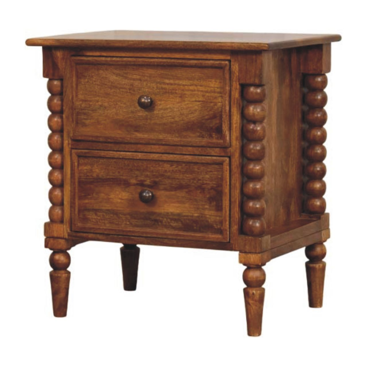 Artisan Furniture Solid Wood Spindle Leg Amber Oak Nightstand, 2 Drawers, Brown
