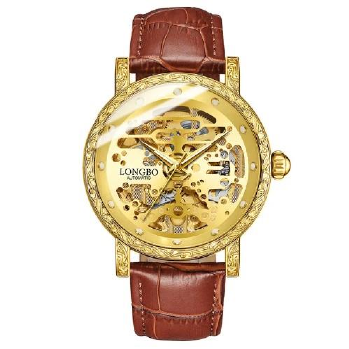 NY London Mens Automatic Hollow mechanical Dial Analogue Gold/Brown Leather Strap Watch