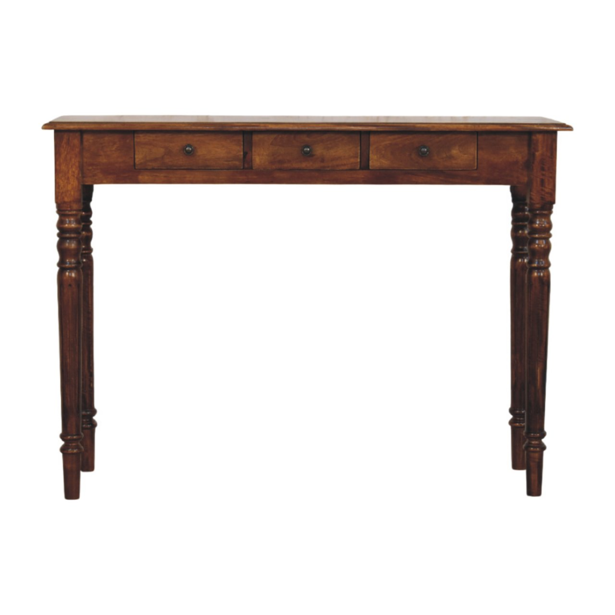 Artisan Furniture Solid Wood Turned Legs Chestnut Console, 3 Drawers, Dark Brown