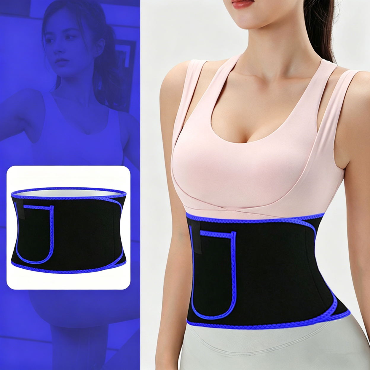 Waist Trimmer Belt Sport Workout Shaper Burner Slimming Belt W/ Phone Pocket Blue-Black