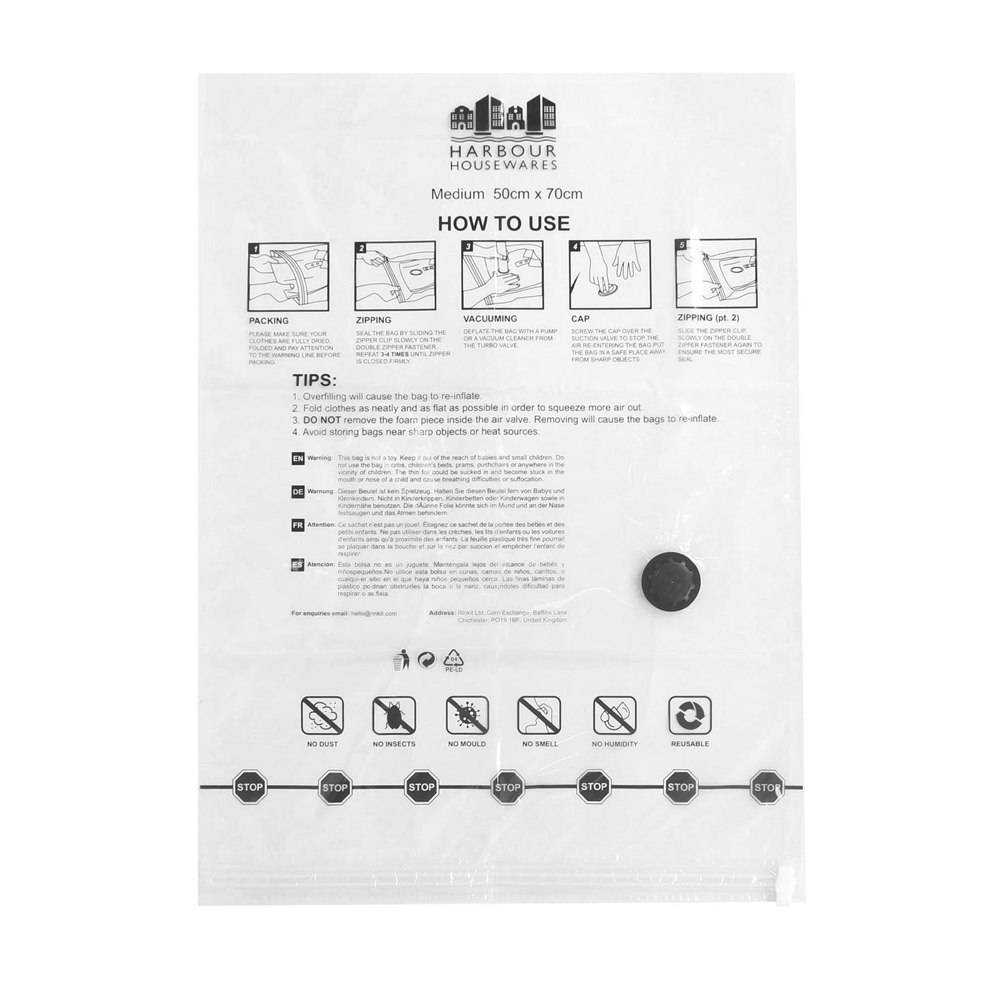 Vacuum Storage Bags with Hand Pump - Medium (50 x 70cm) - White - Pack of 5