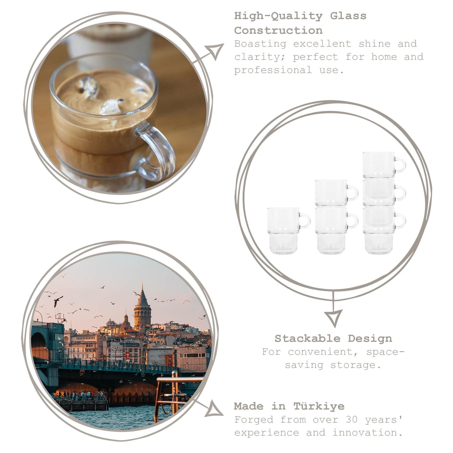 12pc 270ml Cozy Stacking Glass Coffee Cups & Saucer Set