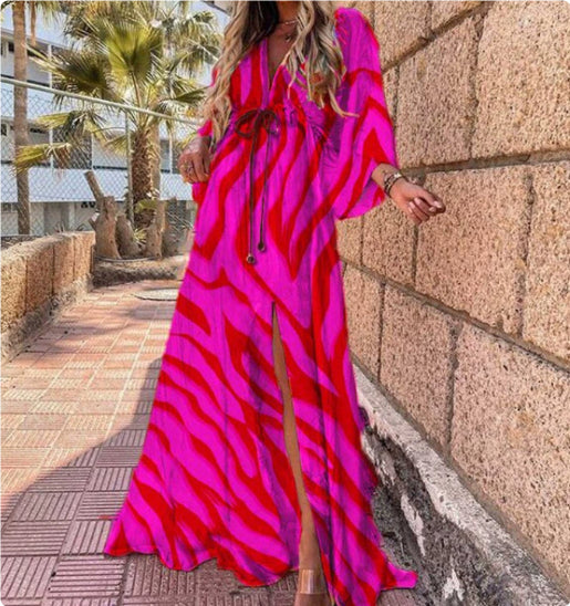 New women''s V-neck short sleeve printed long dress