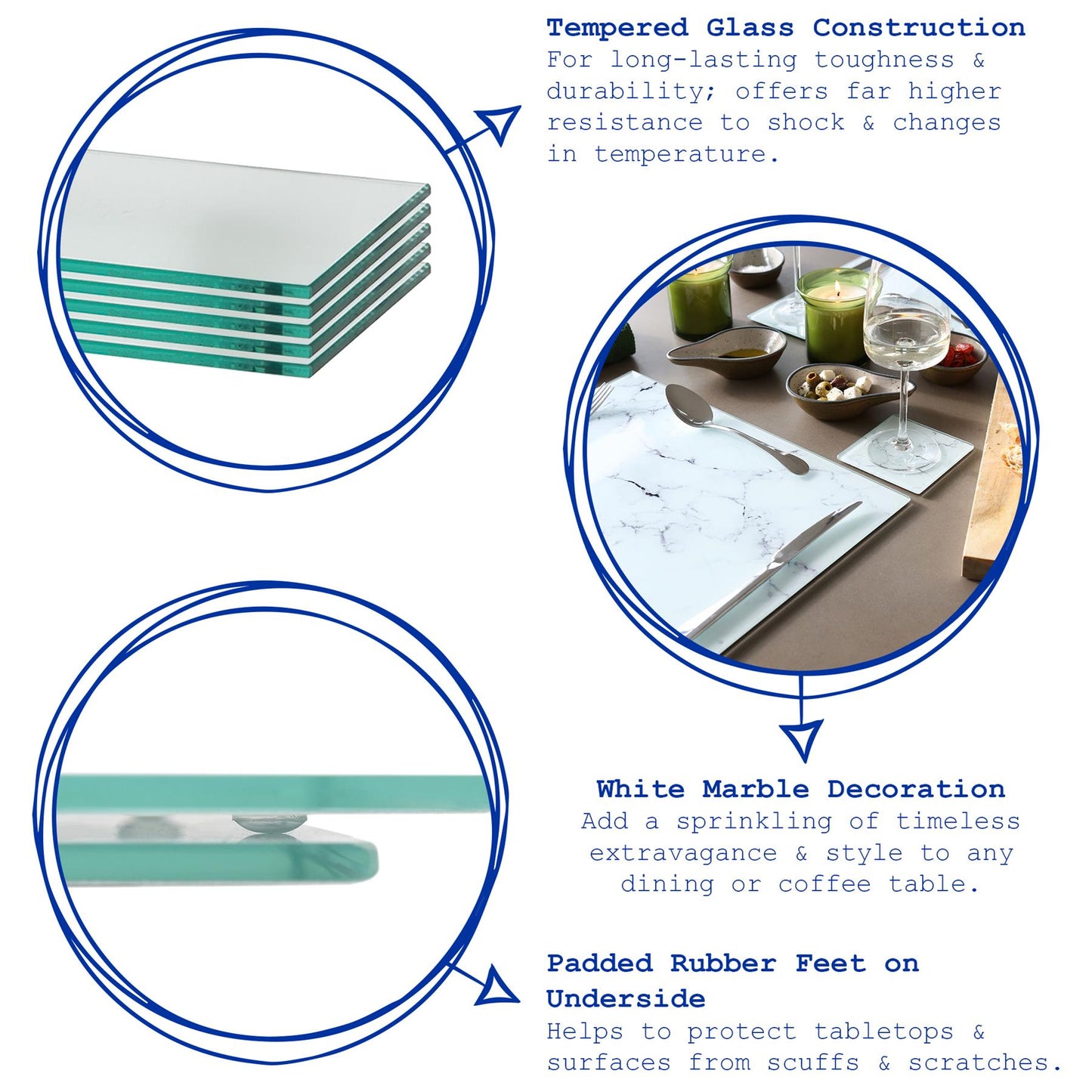12pc Rectangle Glass Placemats & Square Coasters Set - 40cm x 30cm - Marble