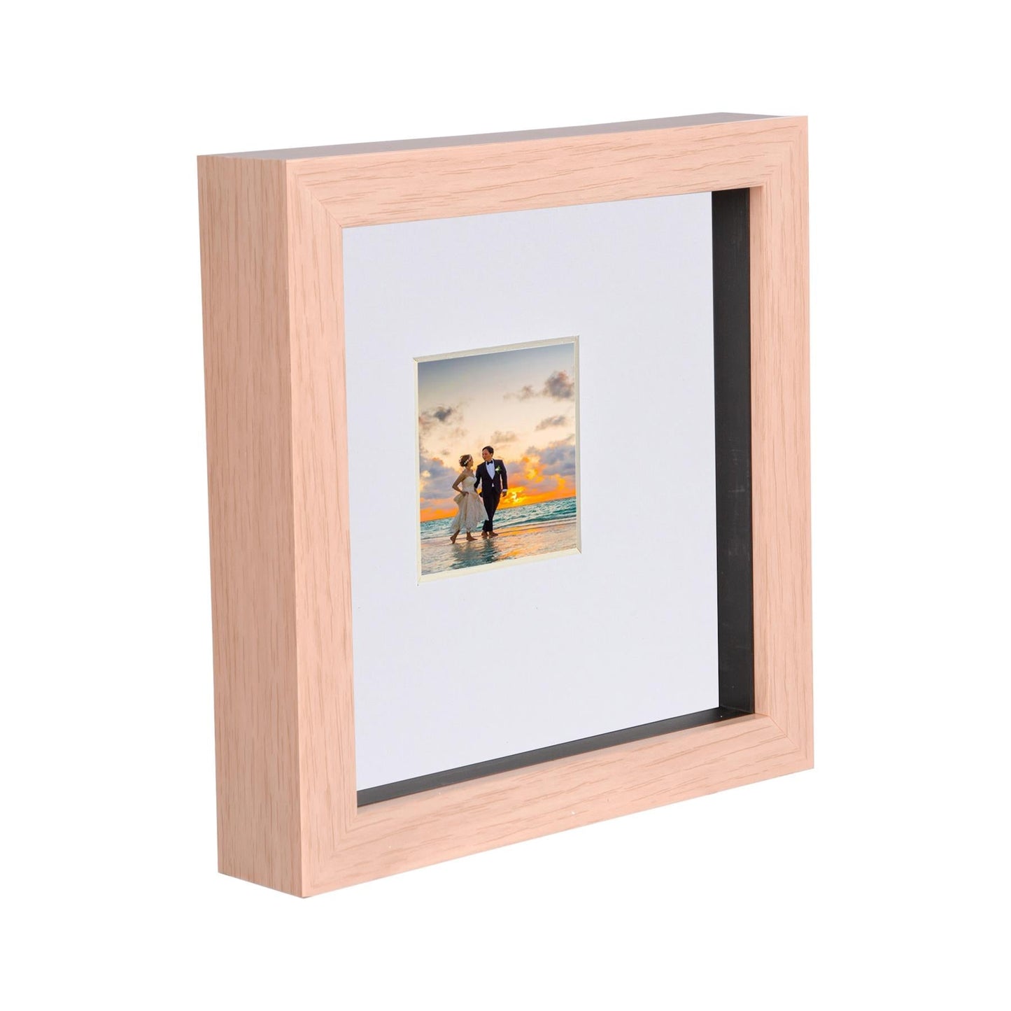 6" x 6" Light Wood 3D Deep Box Photo Frame - with 2" x 2" Mount