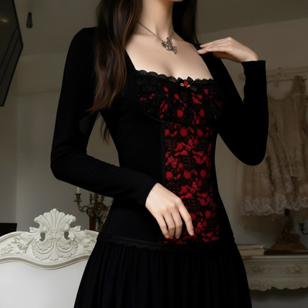 Lace-embellished Long-sleeve Blouse With Ruffled Trim