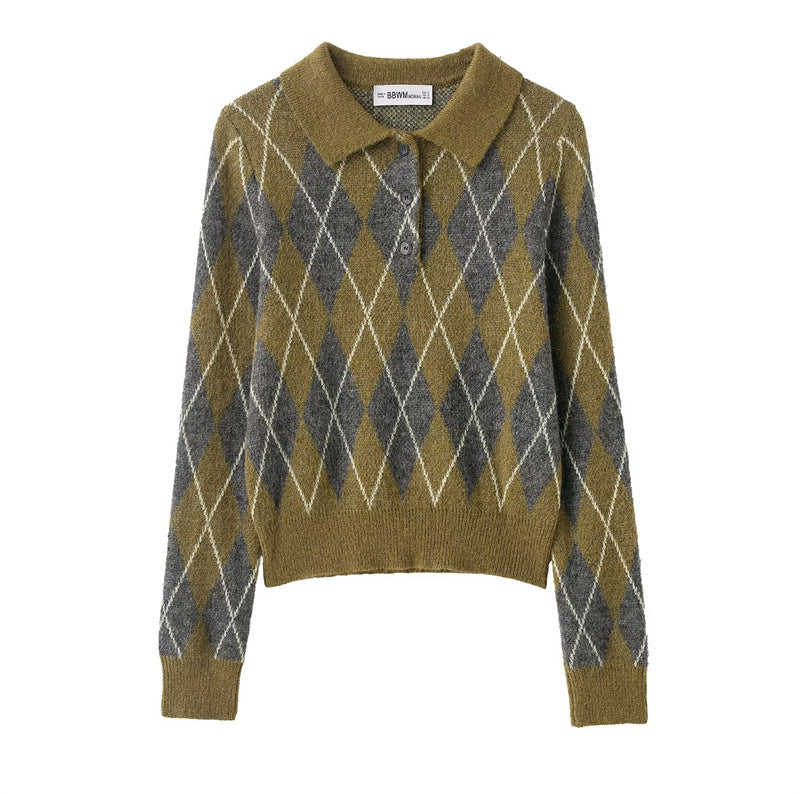Women's Diamond-Patterned Knitted Sweater - Long Sleeve Button-Up Cardigan
