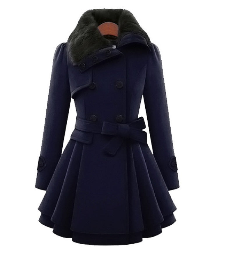 Women's Slim Mid-length Woolen Coat With Belt Thickened Double-breasted Padded Windbreaker Coat