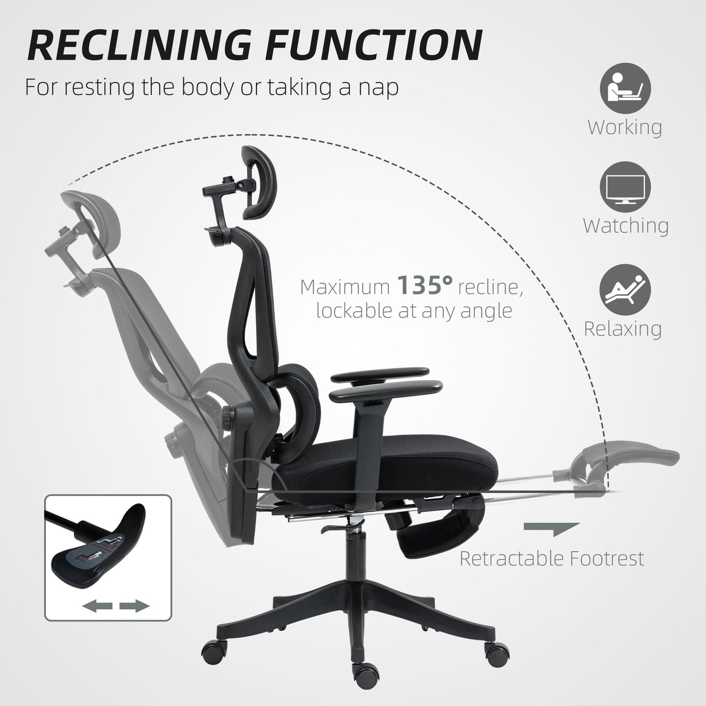 HOMCOM Ergonomic Office Chair, Recliner Computer Chair with Footrest, Black