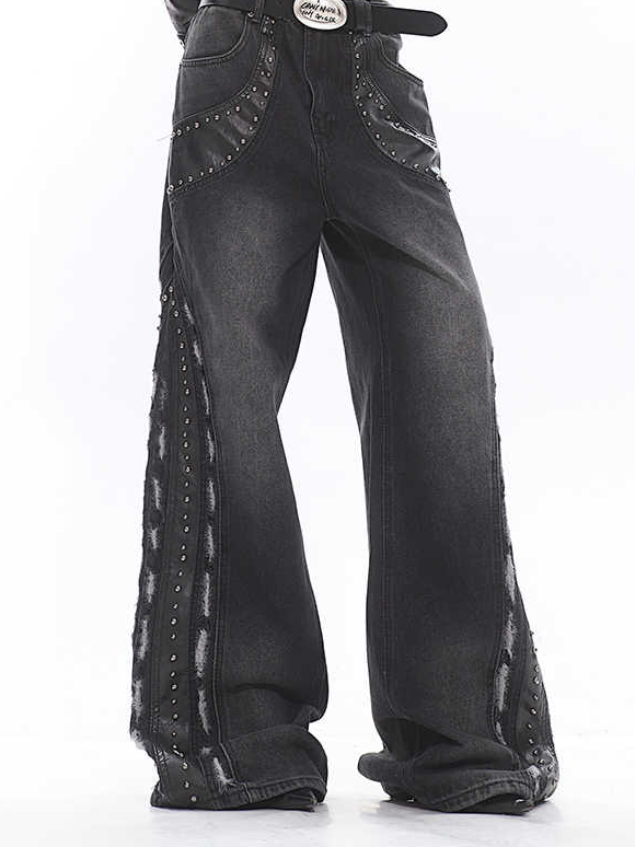 Deconstructed Leather Patchwork Jeans – Retro Washed Wide Leg