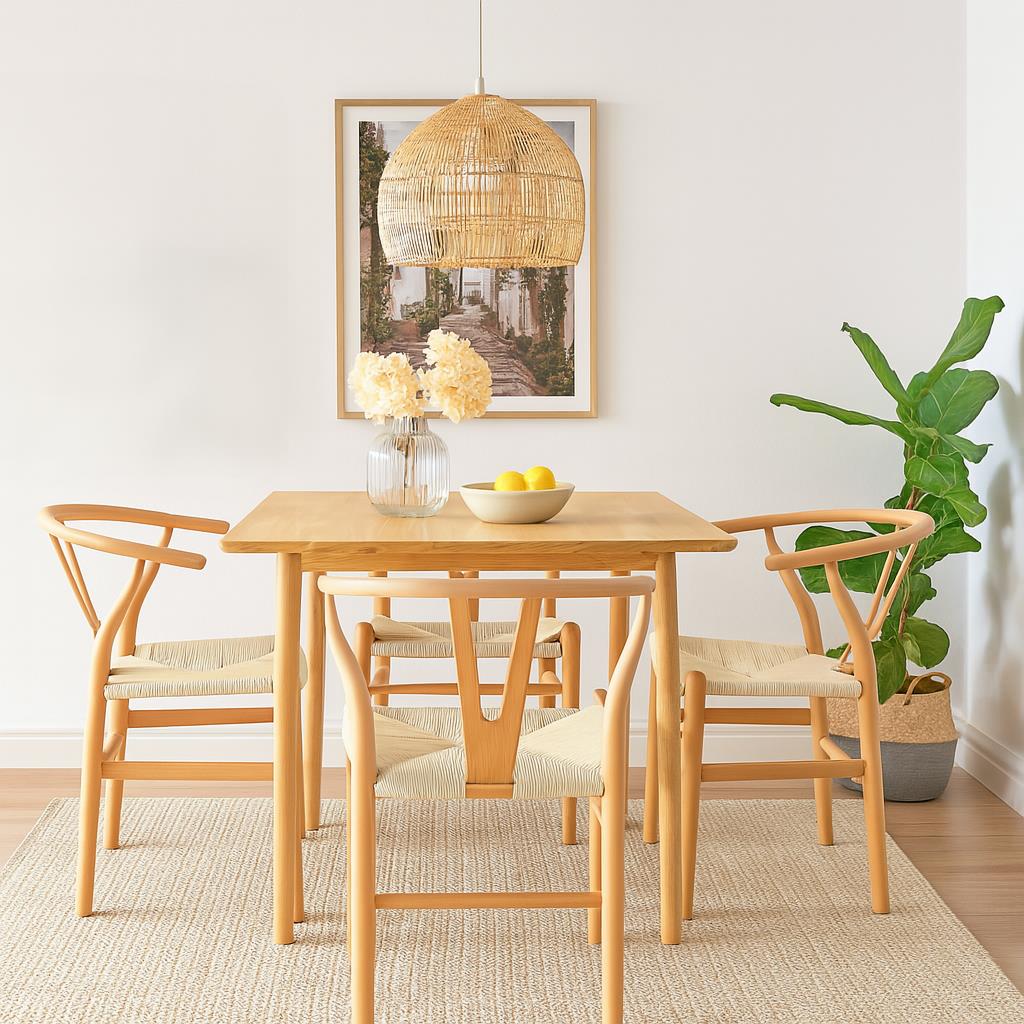 5pc 90cm Square Beige Wooden Table & Beige Wishbone Chair Dining Set