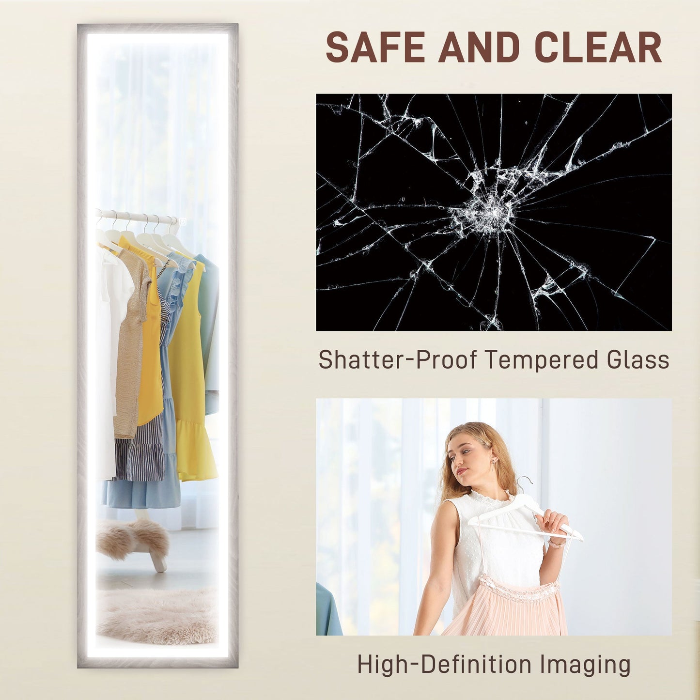 HOMCOM Dimming Full Length Mirror w/ Lights Standing Leaning Wall Mount Grey