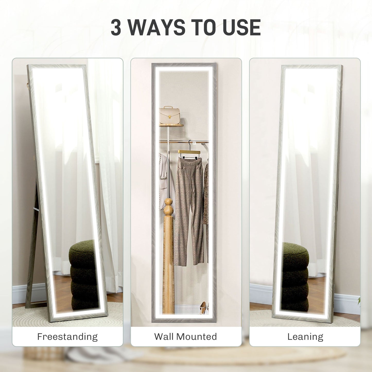 HOMCOM Dimming Full Length Mirror w/ Lights Standing Leaning Wall Mount Grey