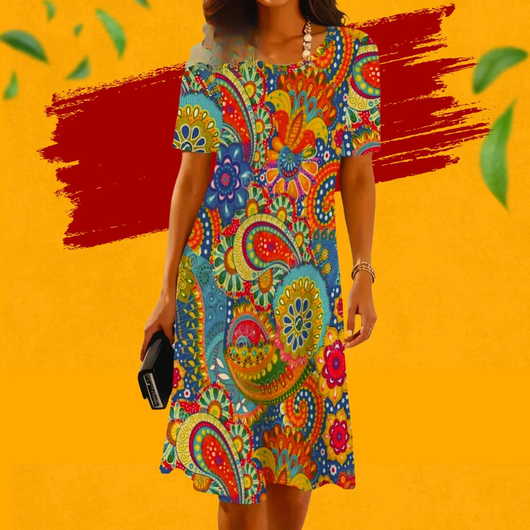 Boho 3D Flower & Feather Print Dress – Women's Loose Fit Summer Mini Dress with Short Sleeves