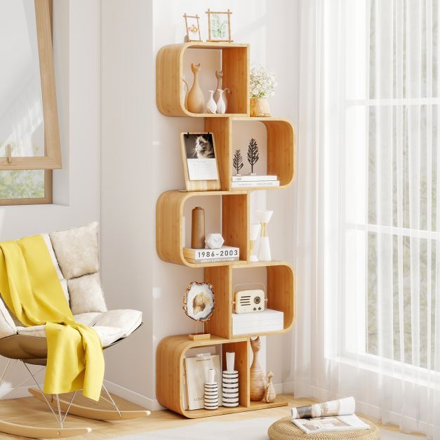 Set of 2 S-Shaped Bookcase Bamboo Bookshelf with 2 Open Cubes-3-Tier