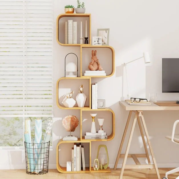 Set of 2 S-Shaped Bookcase Bamboo Bookshelf with 2 Open Cubes-3-Tier