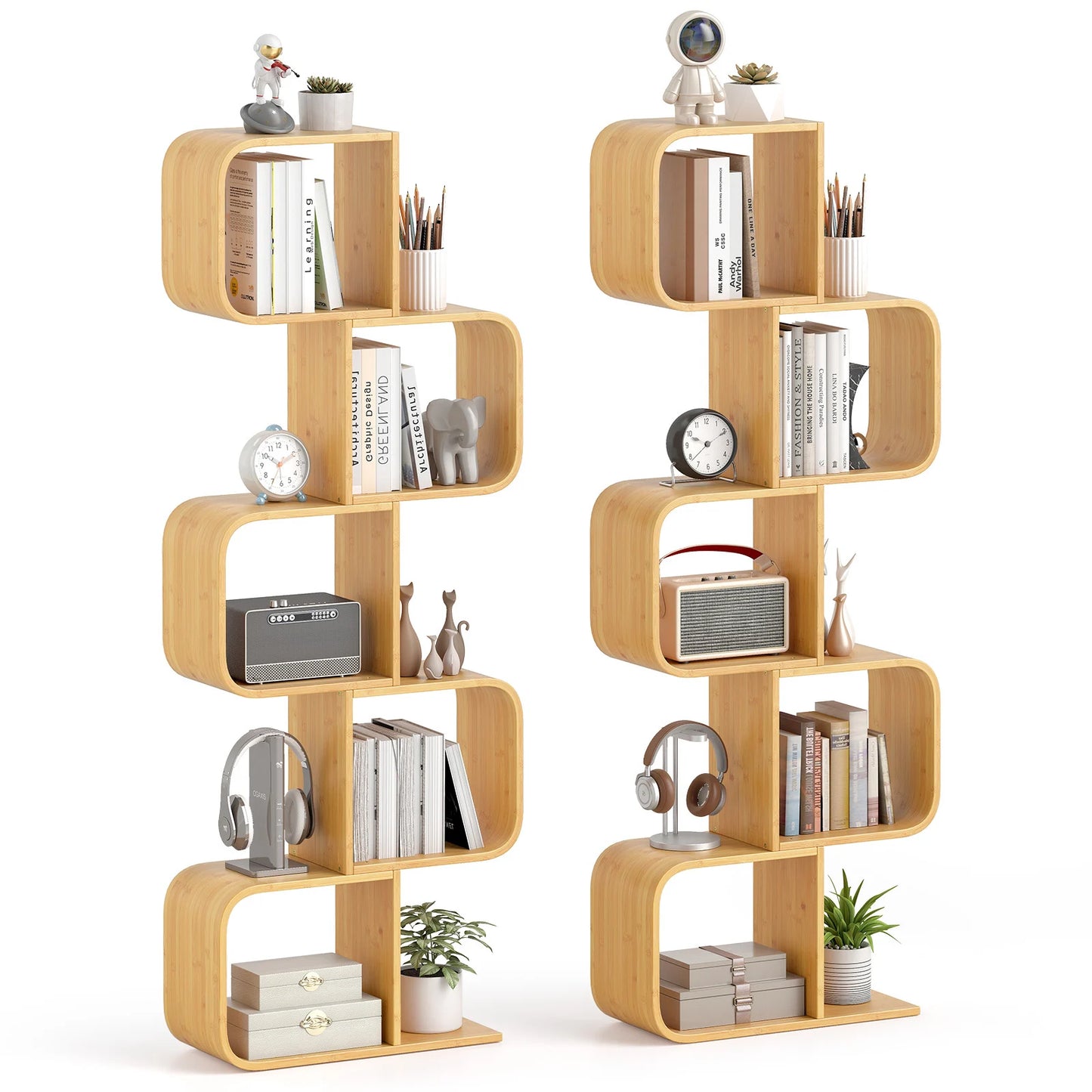 Set of 2 S-Shaped Bookcase Bamboo Bookshelf with 2 Open Cubes-3-Tier