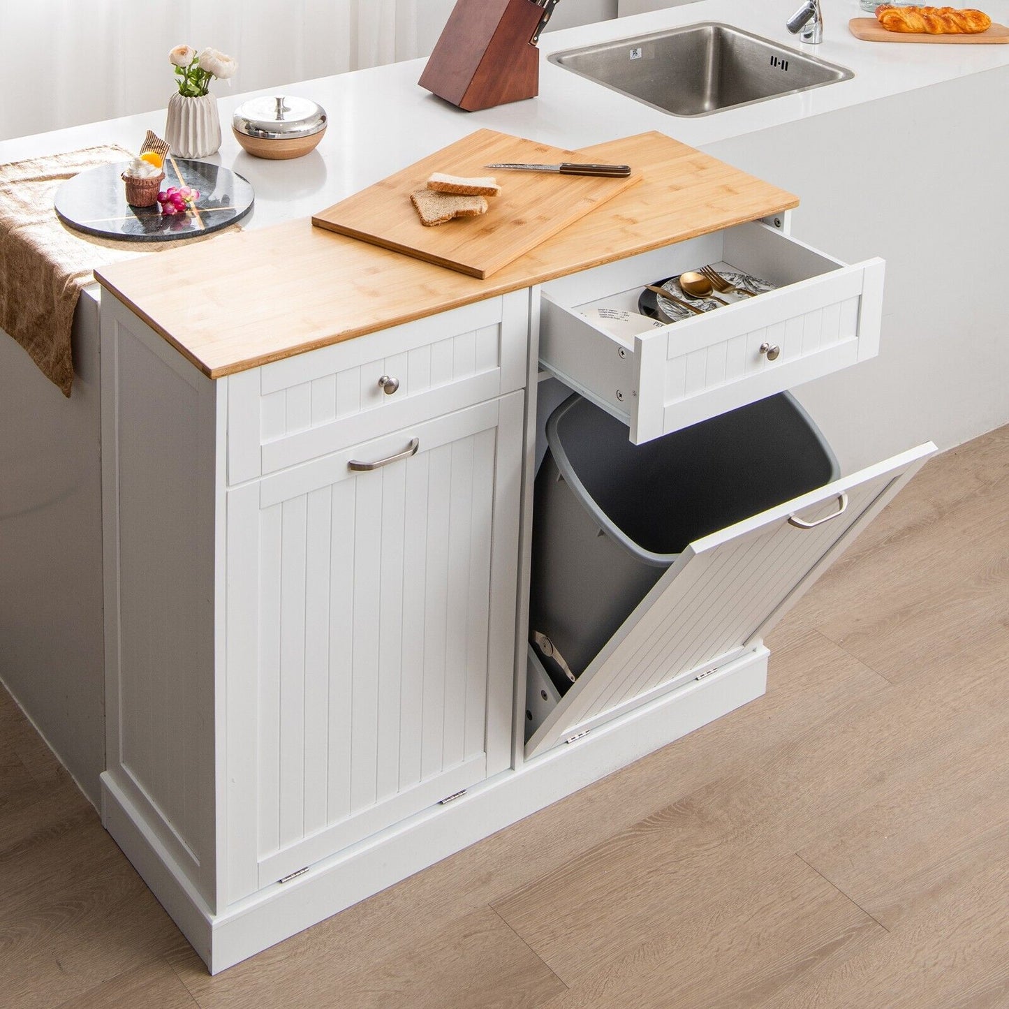 2-Door Kitchen Tilt Out Trash Bin Cabinet with 2 Pull-out Drawers-White