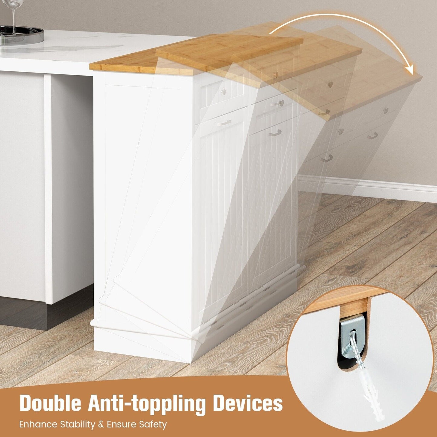 2-Door Kitchen Tilt Out Trash Bin Cabinet with 2 Pull-out Drawers-White