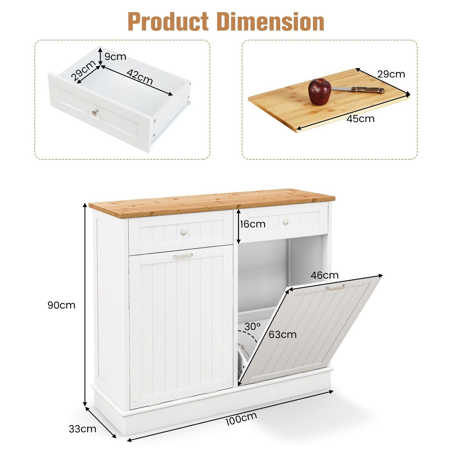 2-Door Kitchen Tilt Out Trash Bin Cabinet with 2 Pull-out Drawers-White