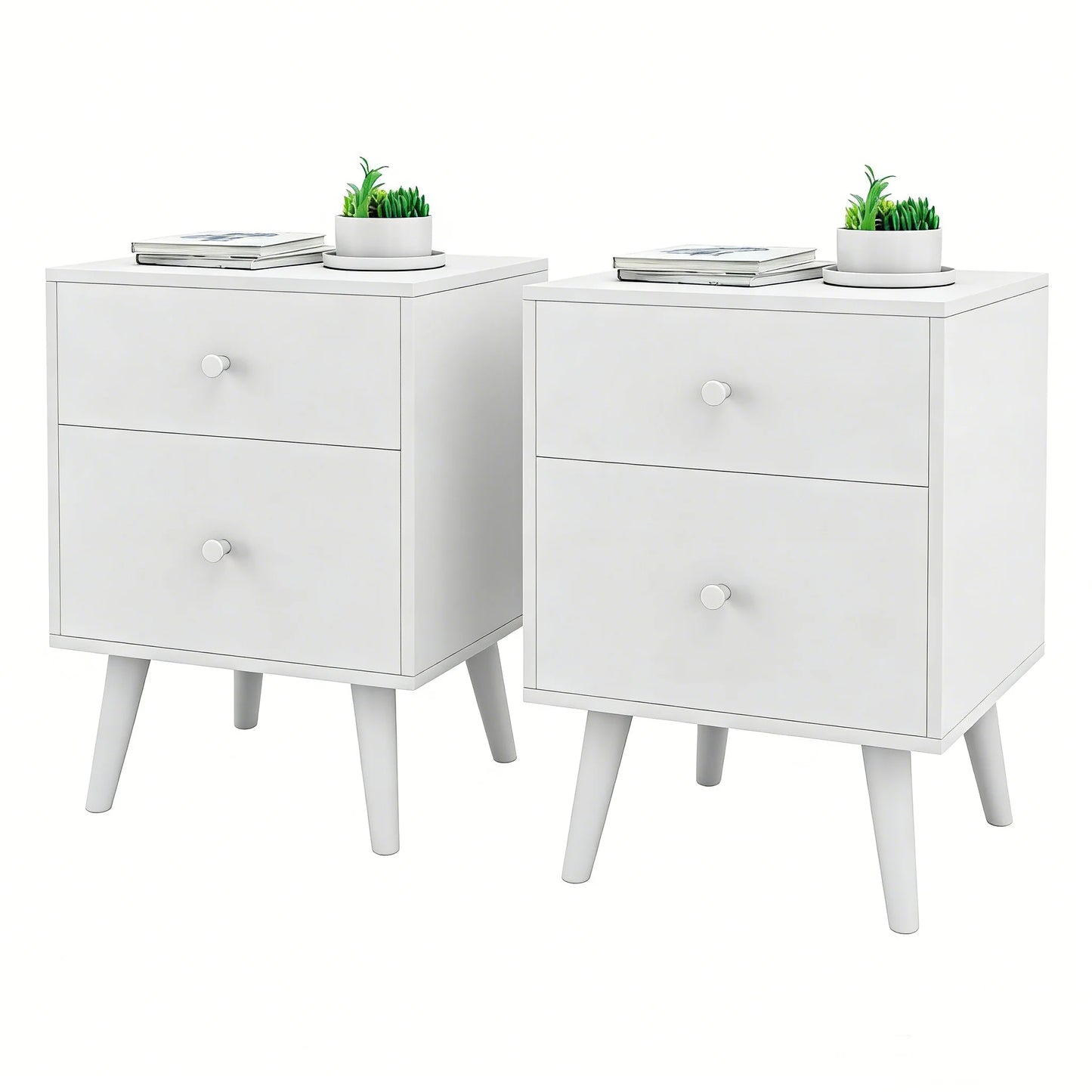 2-Drawer Nightstand Set of 2 with Solid Rubber Wood Legs-White