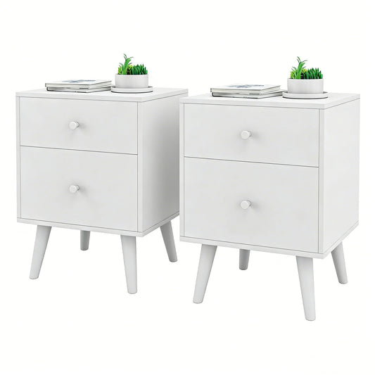 2-Drawer Nightstand Set of 2 with Solid Rubber Wood Legs-White
