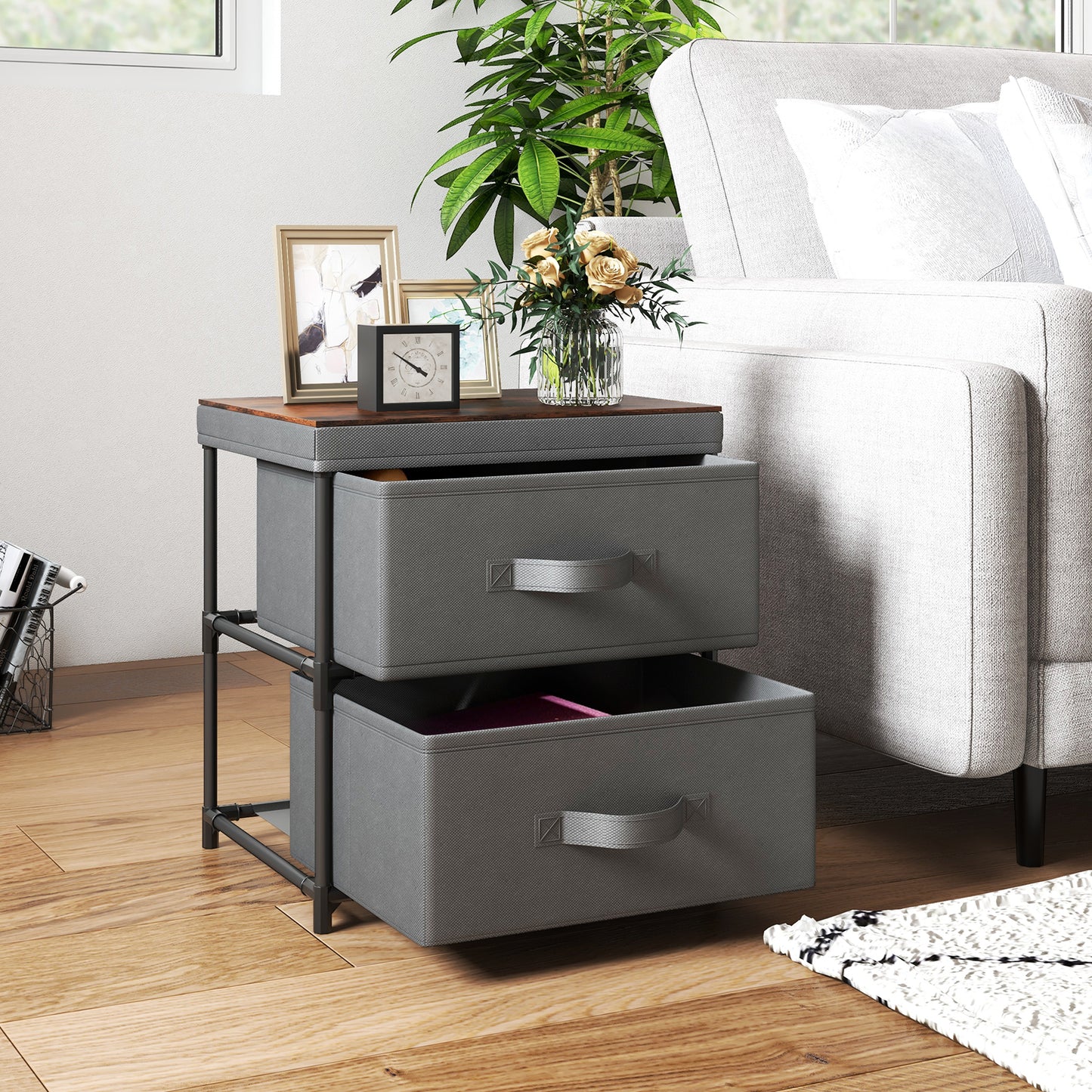 2-Drawer Nightstand Bedside Table with Removable Lid for Bedroom, Living Room-Black