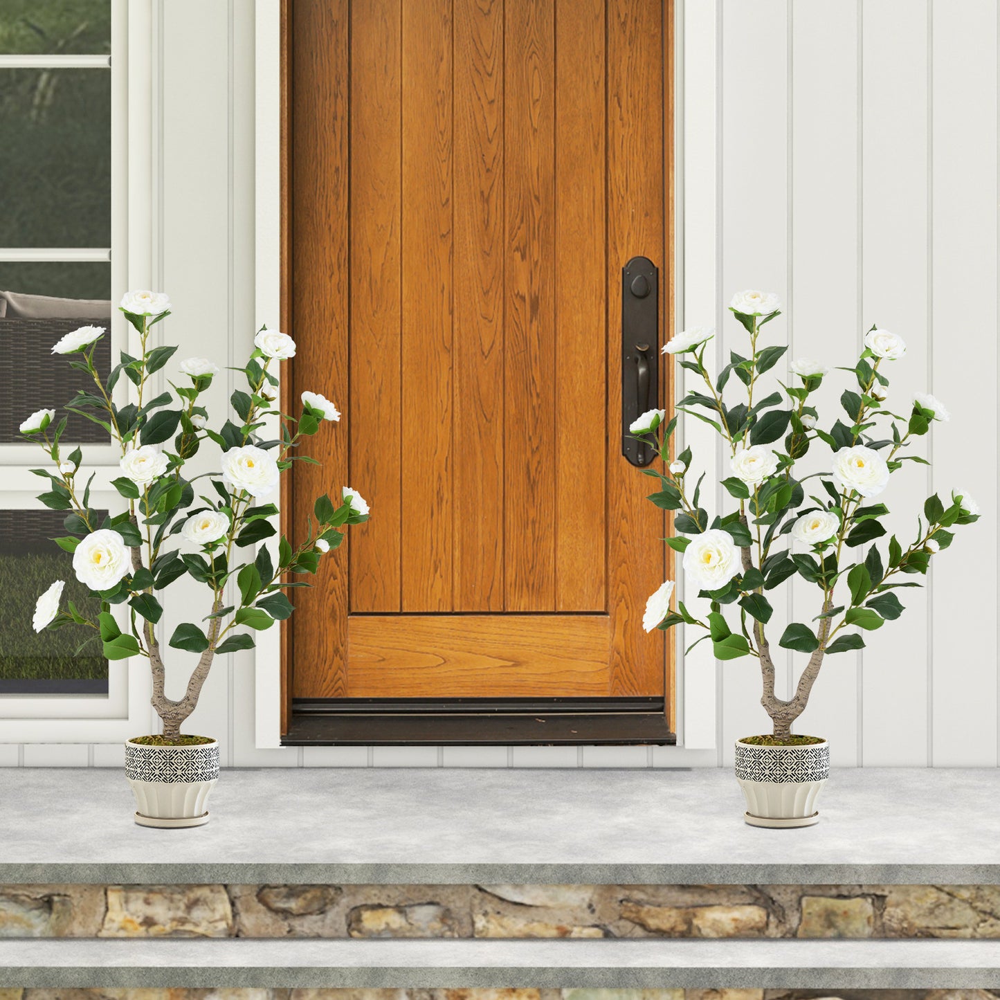 2 Pack 90 CM Artificial Camellia Tree with Blooming Flower-White