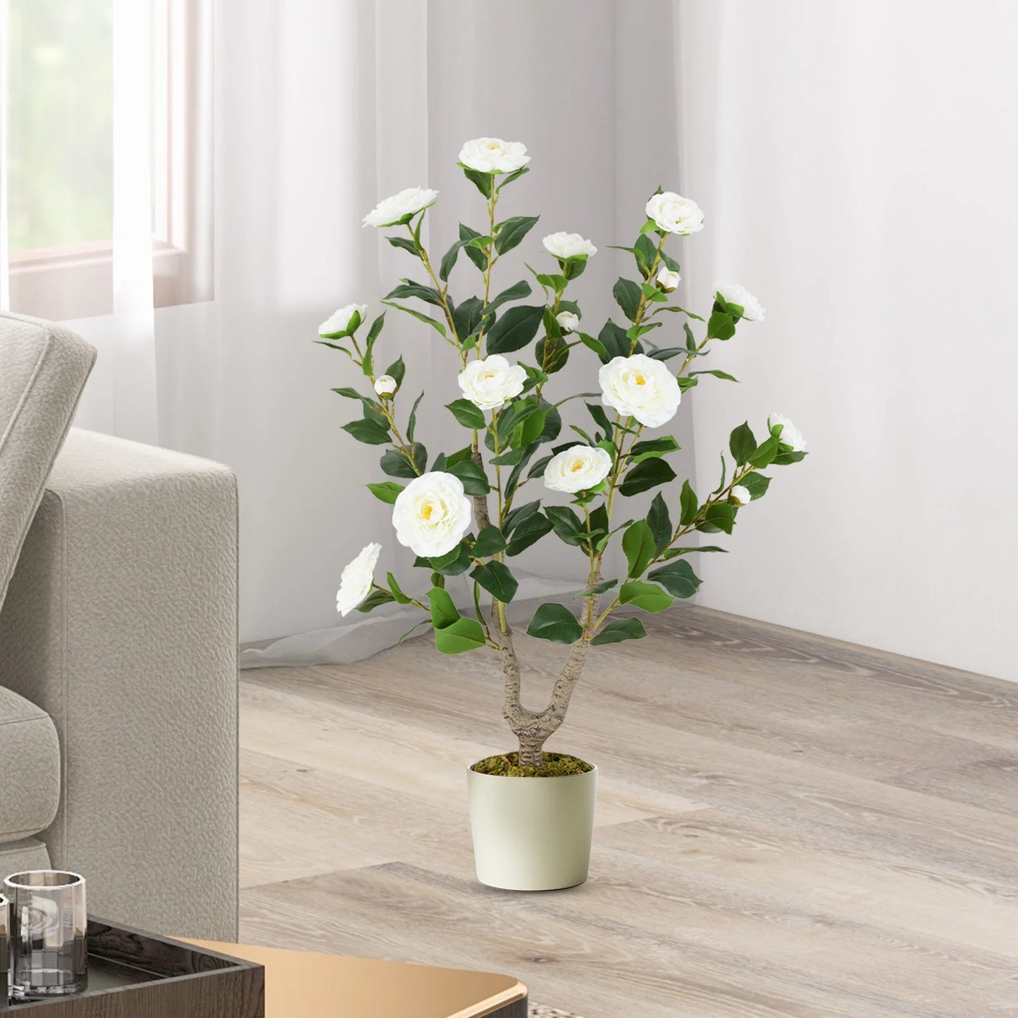 2 Pack 90 CM Artificial Camellia Tree with Blooming Flower-White
