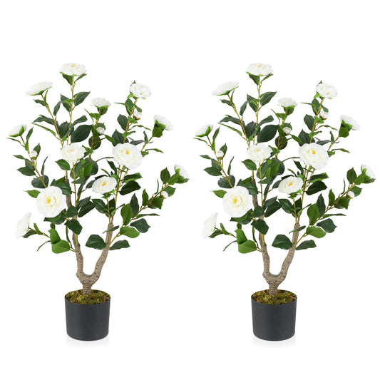 2 Pack 90 CM Artificial Camellia Tree with Blooming Flower-White