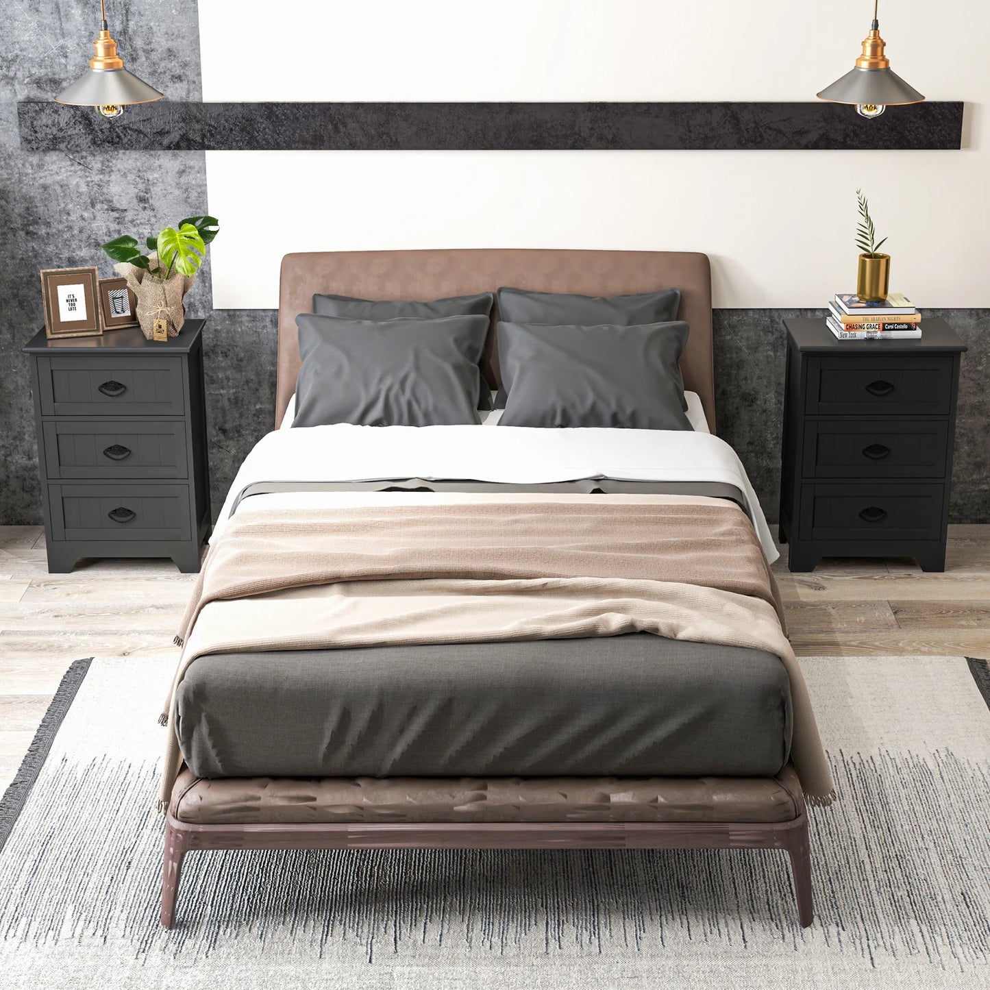 2 Pack Vintage 3-Tier Nightstand with Exquisite Metal Handles-Black