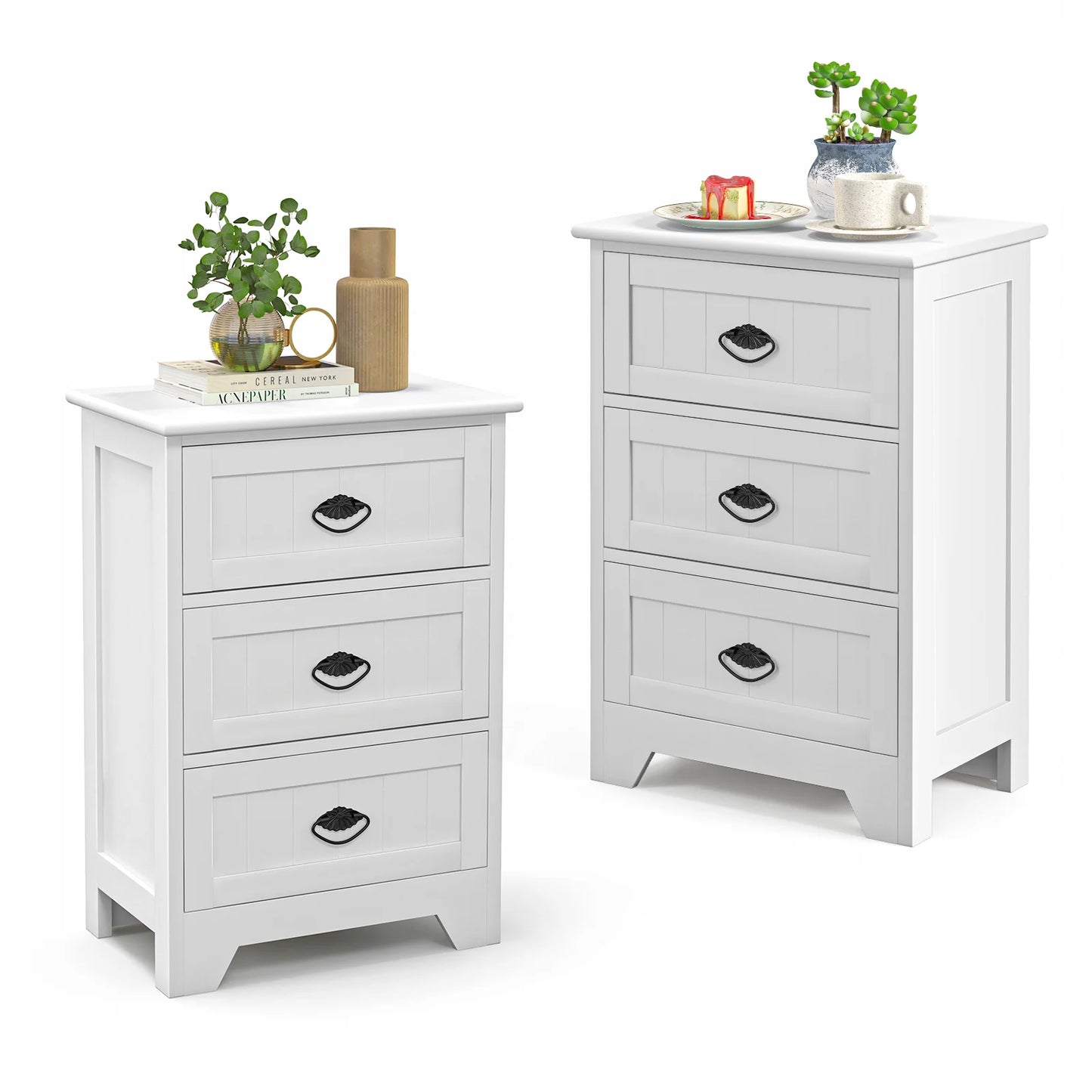 2 Pack Vintage 3-Tier Nightstand with Exquisite Metal Handles-Black