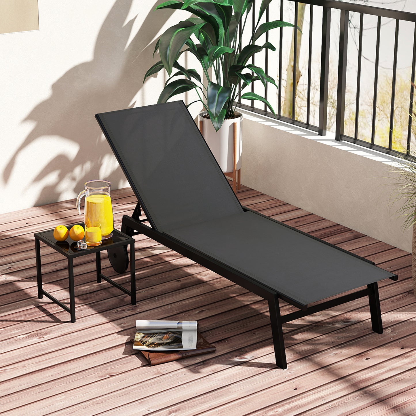 2-Piece Patio Chaise Lounge Set with Tempered Glass Table and Wheels-Black