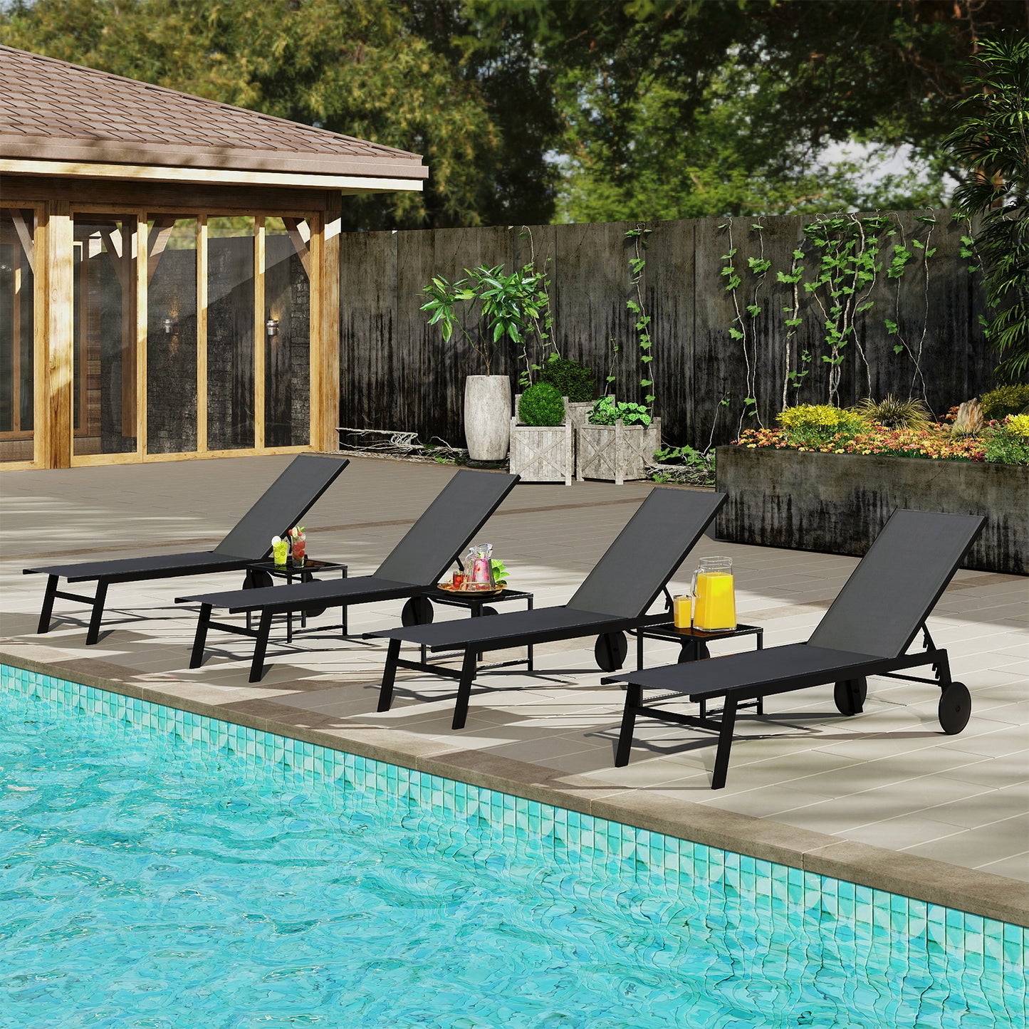 2-Piece Patio Chaise Lounge Set with Tempered Glass Table and Wheels-Black