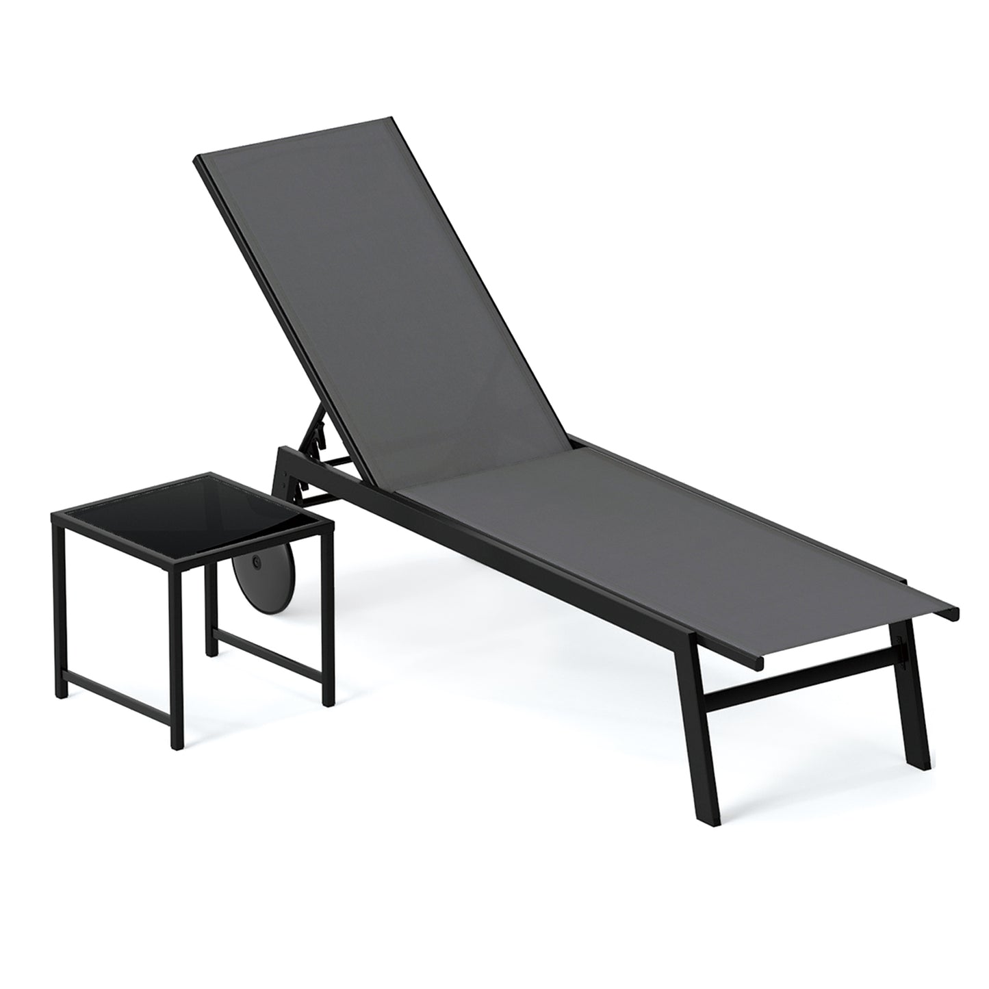 2-Piece Patio Chaise Lounge Set with Tempered Glass Table and Wheels-Black