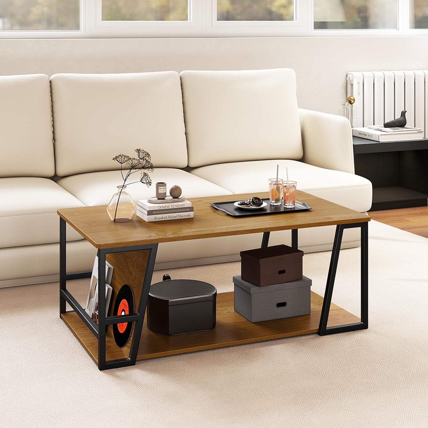 2-Tier Coffee Table with Storage Shelf and Open Compartment-White & Golden