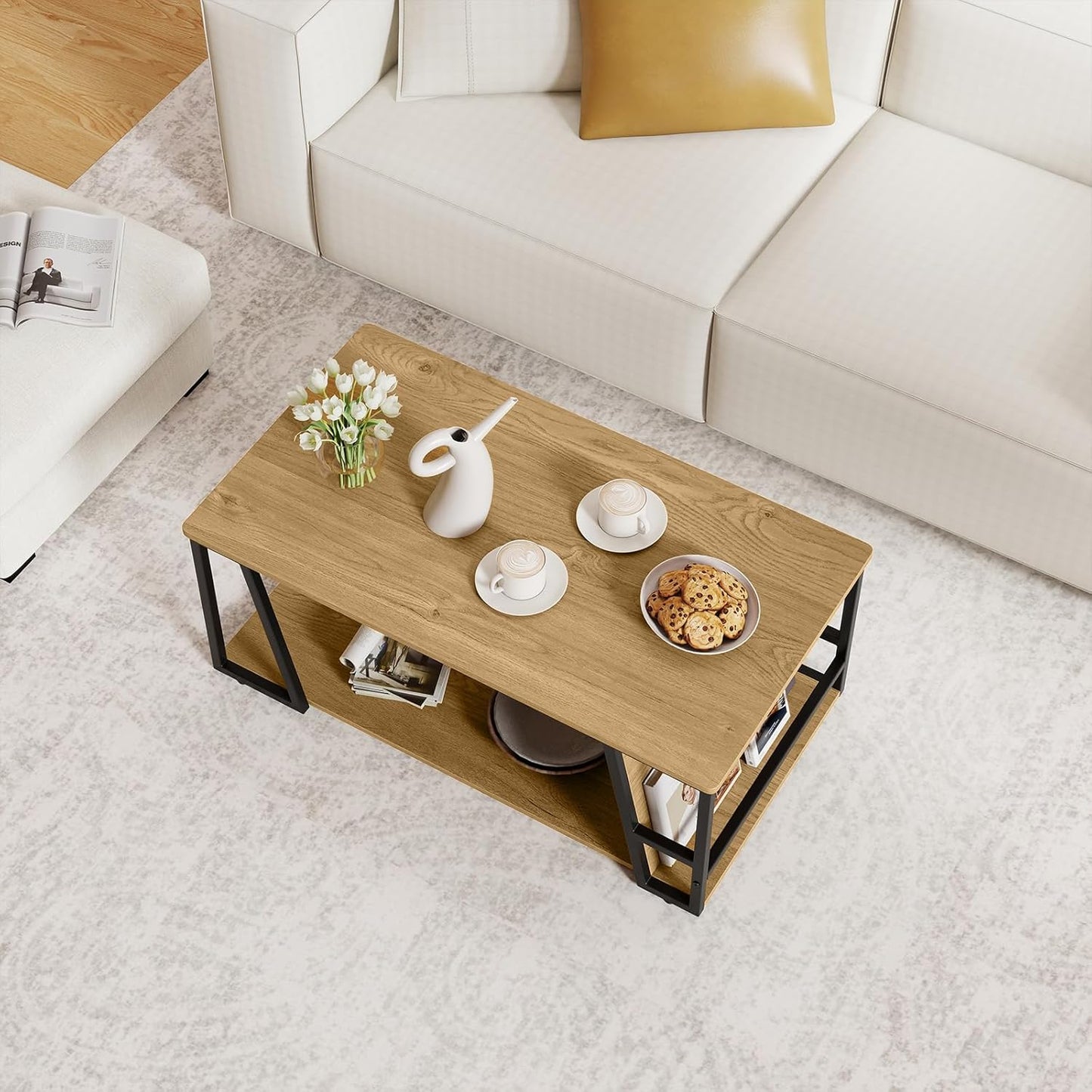 2-Tier Coffee Table with Storage Shelf and Open Compartment-White & Golden