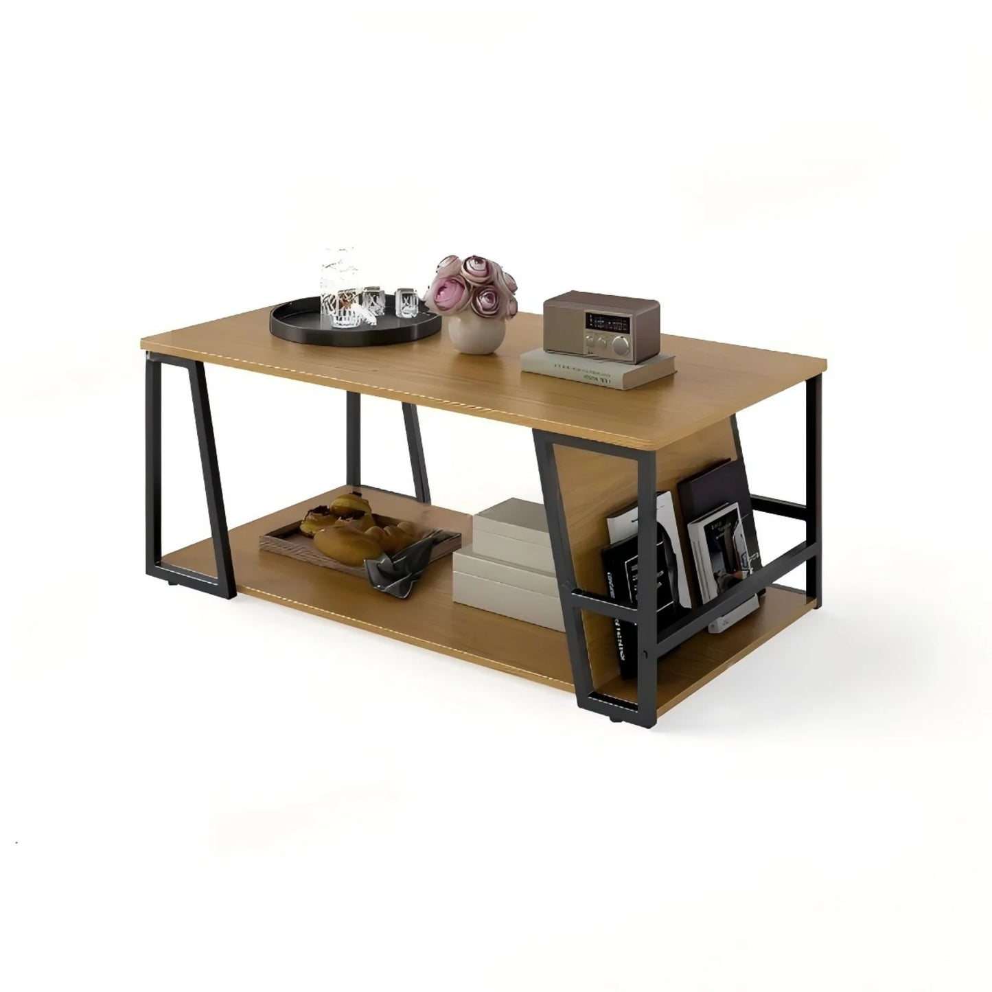 2-Tier Coffee Table with Storage Shelf and Open Compartment-White & Golden