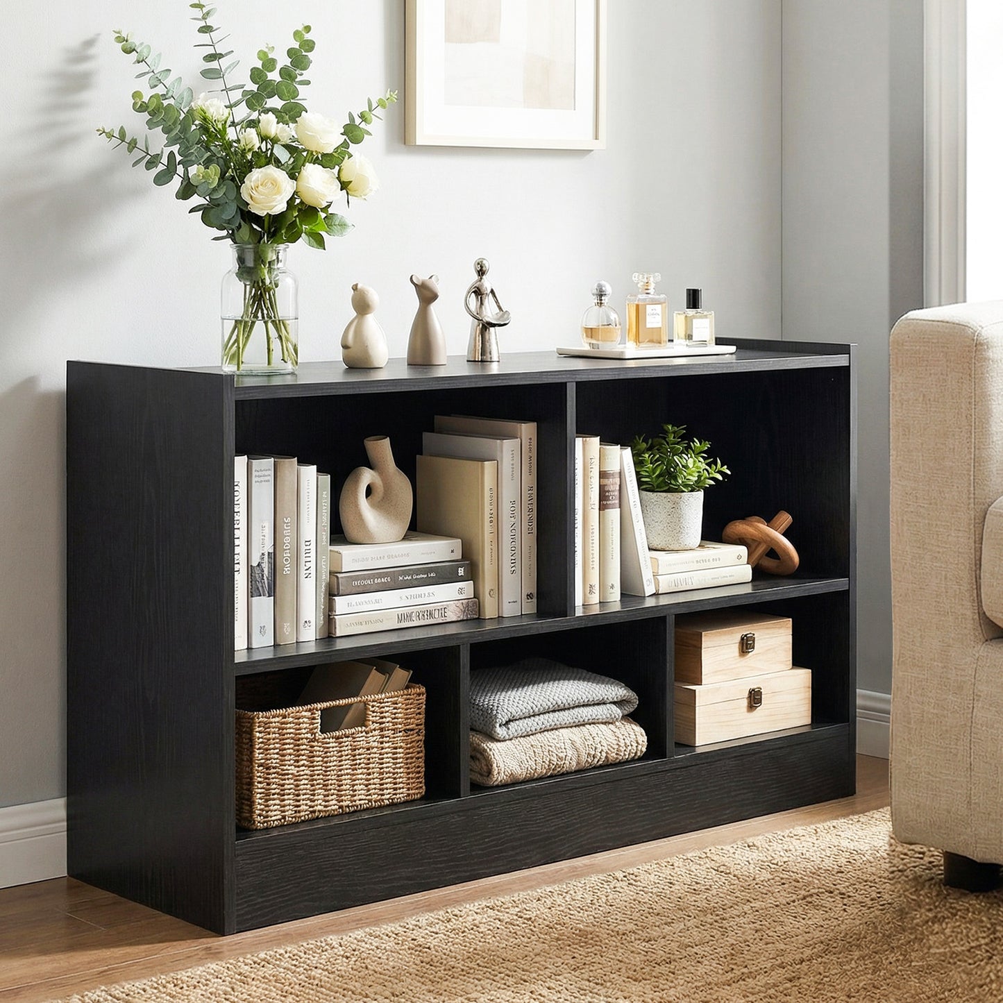 Wooden Storage Bookcase with 2 Tiers and 5 Cubes-Natural