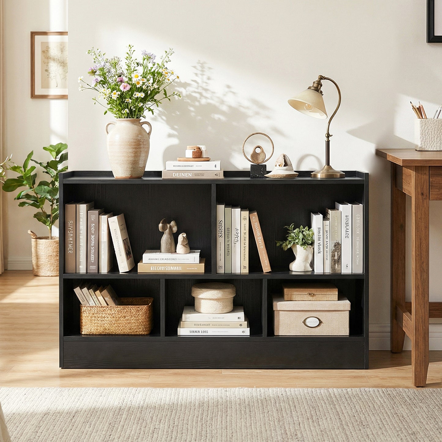 Wooden Storage Bookcase with 2 Tiers and 5 Cubes-Natural
