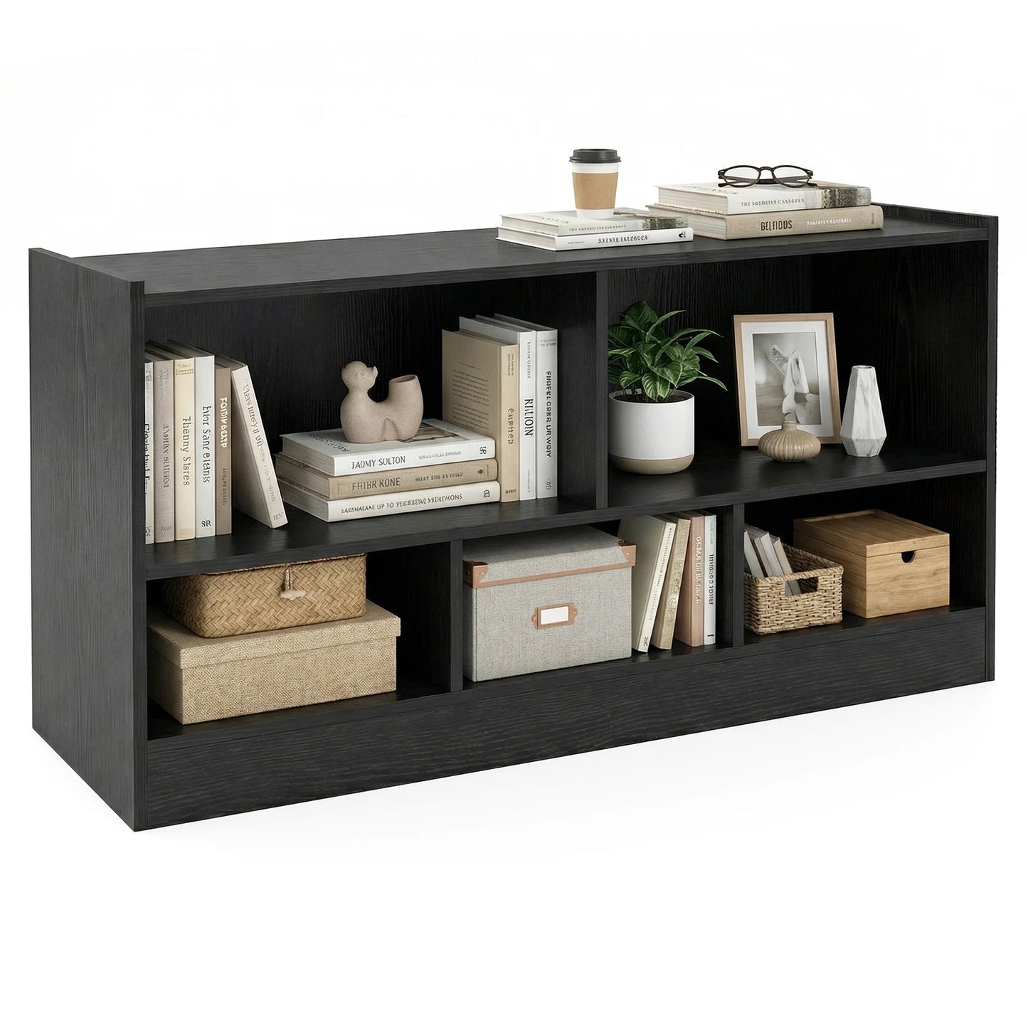 Wooden Storage Bookcase with 2 Tiers and 5 Cubes-Natural
